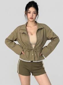 DAZY Lace Trim Drawstring Waist Sports Jacket Fall - Olive Green - View 1