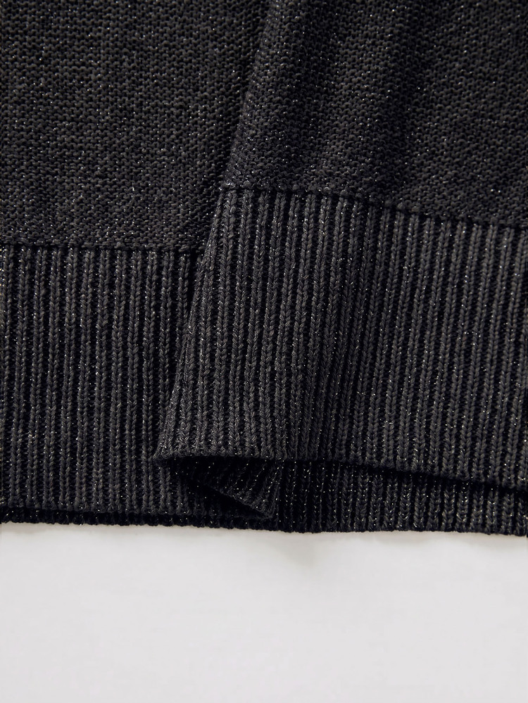 SHEIN New Spring Fall Glam Lurex Knit Slant Cut V Neck Top Women Drop Shoulder Three Quarter Cuff Sleeve Rel - Black - View 4