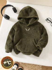 SHEIN 小男孩休閒百搭寬鬆舒適抓絨連帽衛衣，適合秋冬穿著 - 軍綠色 - 查看 1