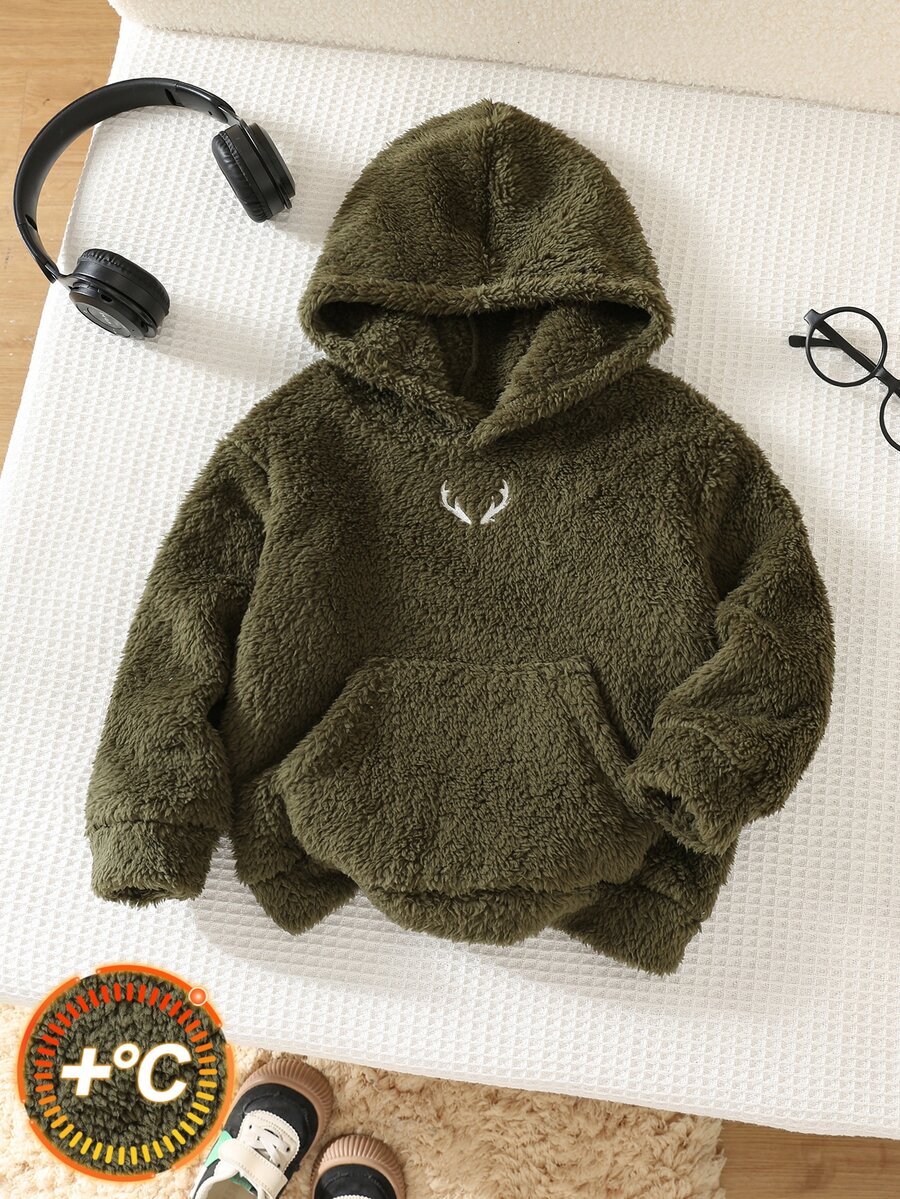 SHEIN 小男孩休閒百搭寬鬆舒適抓絨連帽衛衣,適合秋冬穿著 - 軍綠色 - 查看 1