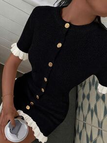 Penseblé Autumn/Winter Daily Commute Party Elegant Business Casual Ribbed Knit Ruffle Button-Down Solid Black Long Sleeve Bodycon Dress Exquisite Romantic - Black and White - View 4