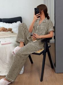 Napfluff Bubble Crinkle Polka Dot & Plaid Print Short Sleeve Long Pants Pajama Set - Multicolor - View 1