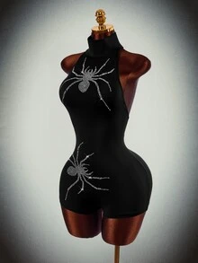 Amplova Women's Fitted Halter Neck Backless Spider Halloween Pattern Rhinestone Sexy Jumpsuit - Black - View 3