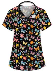 PopScrub V-Neck Short Sleeve Double Pocket Cartoon Print, Pattern Design Print Nurse/Doctor Work Uniform Top/Health Checkup Surgical Uniform, Colorful Butterfly Cartoon Print Pattern Design Print Nurse, Laboratory, Doctor Work Uniform, Multi-Pocket Functional Women's Top - Black - View 1