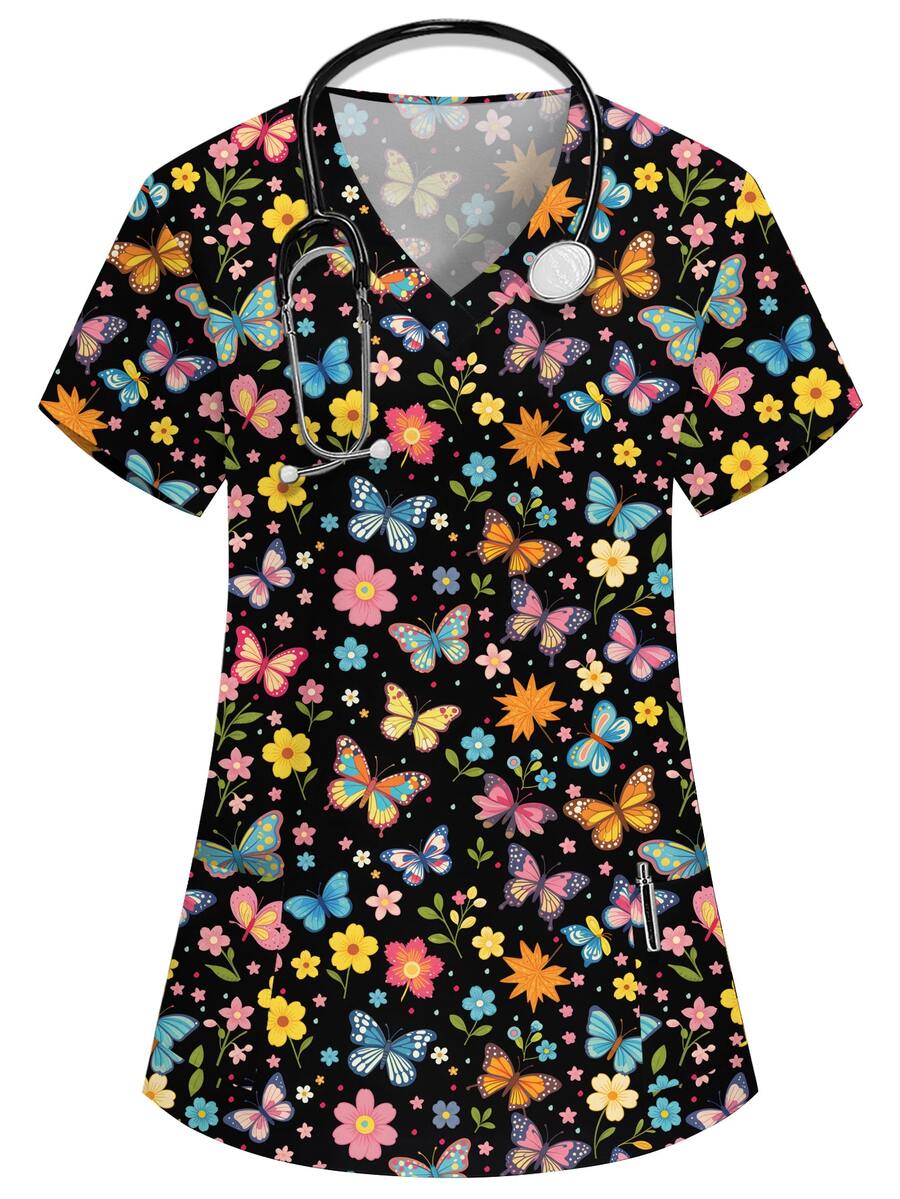 PopScrub V-Neck Short Sleeve Double Pocket Cartoon Print, Pattern Design Print Nurse/Doctor Work Uniform Top/Health Checkup Surgical Uniform, Colorful Butterfly Cartoon Print Pattern Design Print Nurse, Laboratory, Doctor Work Uniform, Multi-Pocket Functional Women's Top - Black - View 1
