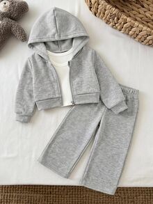 LMoss Kids 女童針織素色連帽休閒外套與直筒長褲2件套，秋冬款 - 灰色 - 查看 6