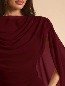 SHEIN BAE 春夏純色淺杏色垂墜領披肩袖修身緊身迷你洋裝，適合浪漫約會、晚宴派對、婚禮雞尾酒會、海灘度假 - 酒紅色 - 查看 7