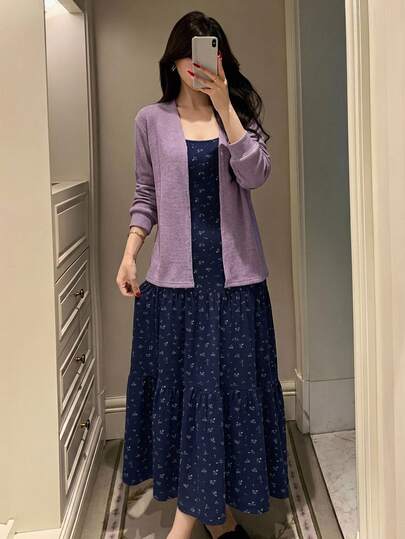 DAZY 2件組女款睡衣套裝，長袖開襟外套搭配甜美碎花無袖細肩帶長洋裝睡袍