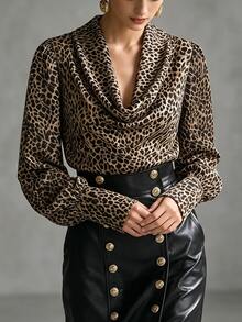 SHEIN Elegant Women's Blouses Leopard Print Puff Long Sleeve Shirts, Ruched Collar, French Vintage Autumn Fall Office Going Out Dinner/Date/Party Beige - Multicolor - View 7