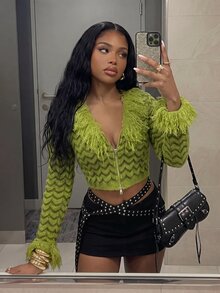 Fiercella Fiercella Women's Wavy Pattern Colorblock Casual Versatile Long Sleeve Sweater - Green - View 4