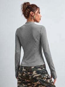 SHEIN EZwear 女款 Y2K 拉鍊拇指孔黑色夾克 秋冬款 - 淺灰色 - 查看 2