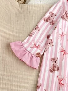 SHEIN 新生兒條紋小熊圖案拼色休閒居家連身睡衣 - 粉色 - 查看 6