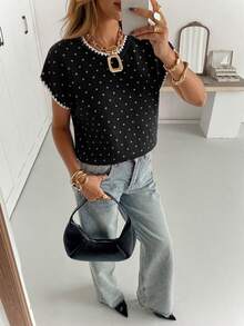 Siren Gaze Women's Vintage Shell Embroidery Polka Dot Knit Top - Black - View 7