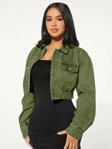 SHEIN SXY 女款時尚鈕扣長袖短版牛仔夾克 - 軍綠色 - 查看 4
