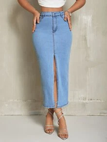 SHEIN SXY 女款高腰口袋開衩休閒牛仔裙 - 淺色水洗藍 - 查看 5