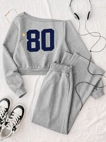 SHEIN Teen Girl Asymmetrical Shoulder Digital Print Sweatshirt And Pocket Pants Set - Grey - View 1
