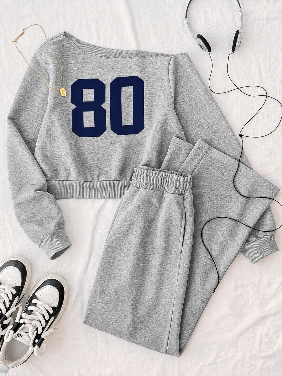 SHEIN Teen Girl Asymmetrical Shoulder Digital Print Sweatshirt And Pocket Pants Set - Grey - View 1