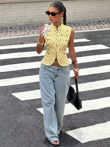 Muchica Women's Sleeveless Jacket With Yellow Base And Polka Dot Pattern Night Out Autumn Vintage 90s - Pale Yellow - View 3