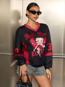 Betty Boop x SHEIN Sudadera de manga larga casual de uso diario con estampado de letras y dibujos animados para mujer - Negro - Ver 8