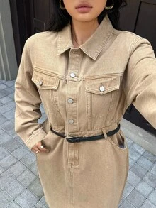 Rivivi Plus Size Women's Khaki Long Sleeve Slim Fit Flattering Denim Dress - Khaki - View 5