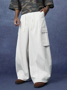 PAVTROS Men's Solid Color Drawstring Waist Wide Leg Loose Cargo Pants - Beige - View 1