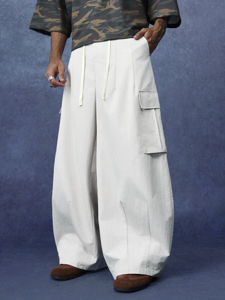 PAVTROS Men's Solid Color Drawstring Waist Wide Leg Loose Cargo Pants - Beige - View 1