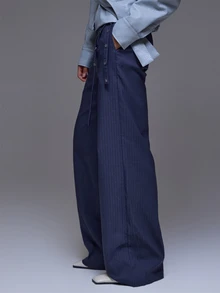 MUSERA Pinstripe Low Rise Stud Detail Belt Trousers Winter Autumn Everyday Casual Going Out Weekdaze - Grey - View 3