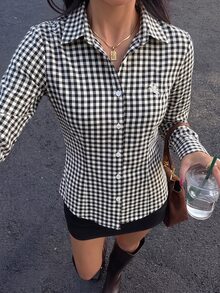 SHEIN EZwear Women's Knight Embroidery Street Plaid Button Shirt - Black and White - View 5