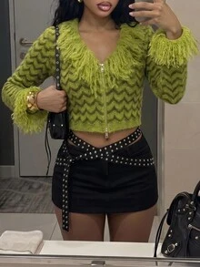 Fiercella Fiercella Women's Wavy Pattern Colorblock Casual Versatile Long Sleeve Sweater - Green - View 3
