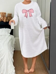 Napfluff CURVE Napfluff CURVE Bow Embroidered Soft Plush Plus Size Nightgown - White - View 2