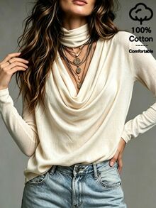 SHEIN Soft Beige-Apricot Micro-Crinkled Textured Knit Fabric Layered High Neck With Large Natural Draped Pleats V-Neck Structure Standard Shoulder Straight Long Sleeve Flat Hem Exquisite Niche Design Long Sleeve Inner Top - Apricot - View 6