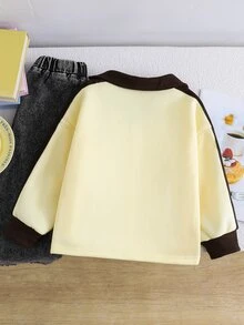 Young Girl Young Girls 4-7歲 英倫風 Polo 領套頭衛衣，保暖條紋袖抓絨運動衫 秋冬新品，適合日常、上學、公園、假期出遊 - 黃色 - 查看 3