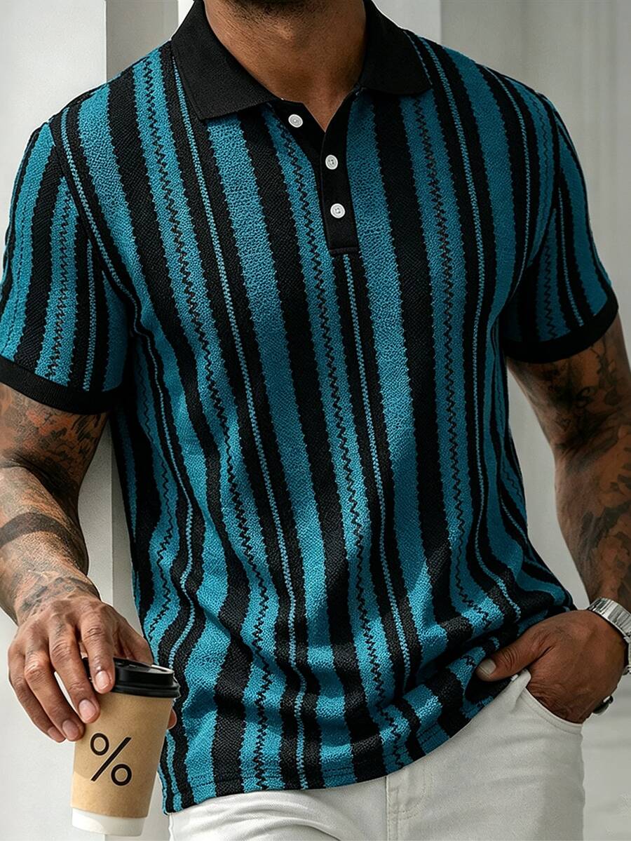 Manfinity CasualCool 男士休閒商務條紋設計 Polo 衫上衣,適合日常通勤穿著,休閒百搭 - 彩色 - 查看 1