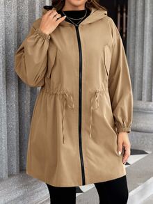SHEIN LUNE 大尺碼純色連帽前開襟拉鍊休閒長袖夾克 秋季服飾 - 駝色 - 查看 4