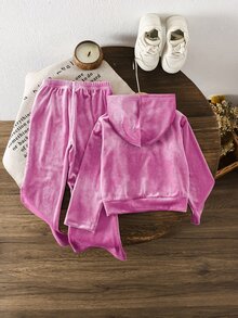 SHEIN Vintaside Kids 女童天鵝絨連帽長袖外套與長褲套裝，適合秋冬穿著，時尚百搭，穿著舒適 - 玫紅色 - 查看 2