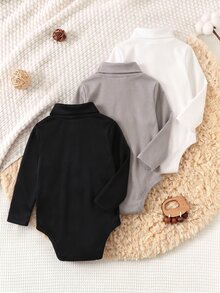 SHEIN 3件組新生兒男嬰/女嬰幼兒加厚保暖純色高領長袖冬季連身衣，黑白配色，秋季，基礎款，套裝，休閒 - 彩色 - 查看 5