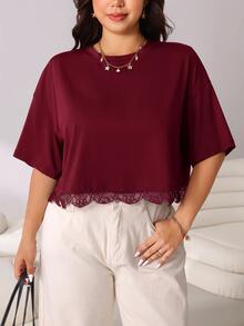 Solflare Burgundy Lace Patchwork Casual Plus Size Women's T-Shirt - Burgundy - View 4