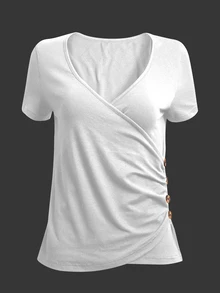 EMERY ROSE Women's Solid Color V-Neck Slim Fit Versatile Daily Long Sleeve T-Shirt - White - View 3