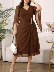 Reflora Vestido de fiesta casual con escote en V y decoración de strass para mujer talla grande - Marrón - Ver 1