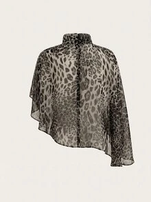 SHEIN Clasi 女款豹紋立領休閒百搭日常穿著襯衫 - 灰色 - 查看 2
