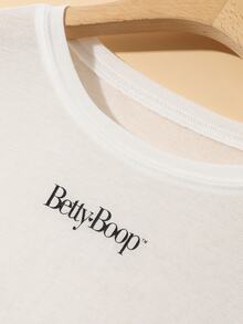 Betty Boop x DAZY Curve Letter Print Versatile Skin-Tone Mesh White Base Layer T-Shirt, Spring/Autumn New Style - Beige - View 3