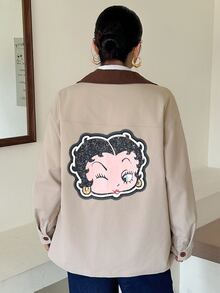 Betty Boop x DAZY Curve Cartoon Print Colorblock Patchwork Loose Casual Blogger Style Spring Autumn Jacket - Khaki - View 2