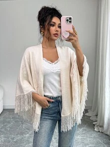 SHEIN Elenzya Jubah Syal Rajut Rumbai Putih Depan Terbuka untuk Wanita, Kardigan untuk Liburan Musim Gugur Gaya Boho - Aprikot - View 6