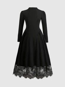 SHEIN 青少年女孩秋冬針織黑色假領長袖蕾絲下擺洋裝，適合休閒、度假、返校、派對、日常穿著 - 黑色 - 查看 5