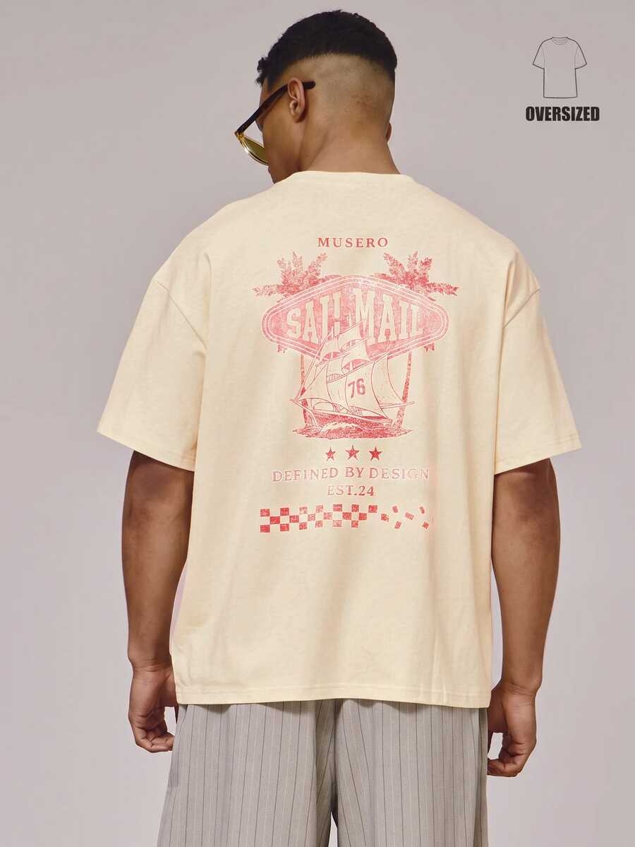 Musero Oversized Crew Neck Short Sleeve Large Back "SAIL MAIL" Washed Graphic Tshirt - Yellow - View 1