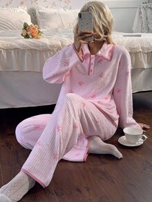CottageSlumber Set Piyama Wanita Musim Gugur/Dingin, Motif Garis-Garis Mewah, Pita, Trim Blok Warna, Kerah Kancing Setengah - Baby Pink - View 5