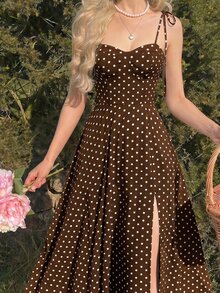 SHEIN MOD 女款波點拼接設計休閒派對洋裝，細肩帶 - 棕色 - 查看 3