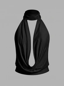 SHEIN ICON 女款純色垂領休閒百搭日常穿搭掛脖上衣 - 黑色 - 查看 2
