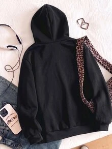 SHEIN 青少年女孩休閒街頭風抓絨豹紋帽子，適合校園與日常穿著的衛衣 - 黑色 - 查看 2
