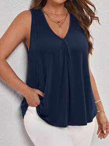 SHEIN LUNE Plus Size Women's Solid Color Fitted Versatile Casual Top - Navy Blue - View 4